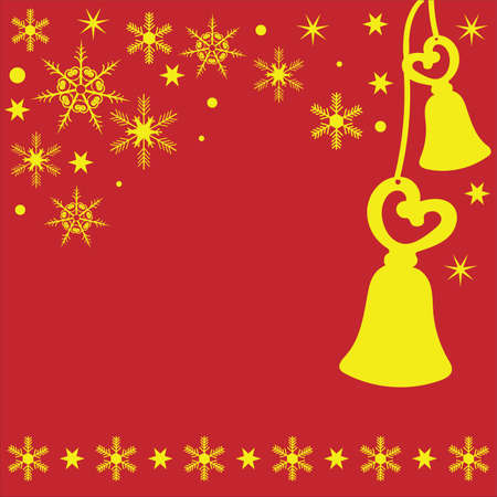 Illustration with Christmas bells and decorations of snowflakes and stars on a red background.のイラスト素材
