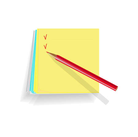 note papers on white background, a red pencil for notesのイラスト素材