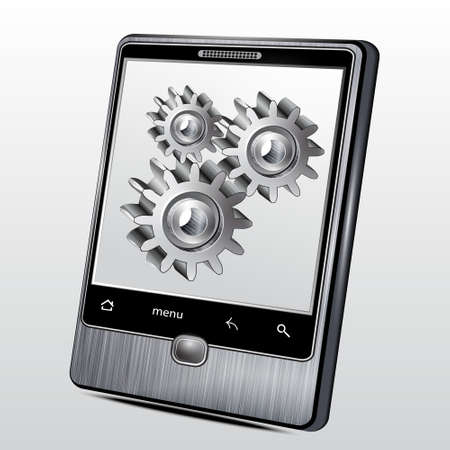 Mobile phone in the metal case with gear wheels on the screen のイラスト素材
