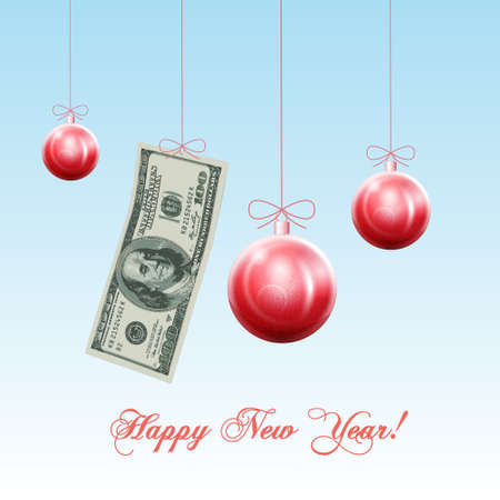 Happy New Year! Celebratory red Christmas balls and US dollars, concept financial success in new year. Vectorのイラスト素材