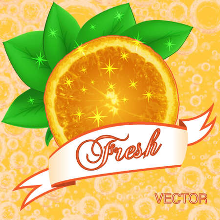 Juicy fresh orange, background with leaves and ribbon.Vectorのイラスト素材