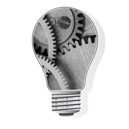 Conceptual black and white vector icon, a light bulb inside metal gear wheels, for Your successful business design or presentationのイラスト素材