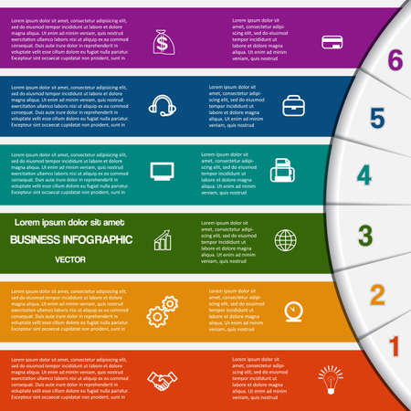 Vector illustration infographic for success business project and other Your variant template with text areas on six positions, 6 colour strips and semicircleのイラスト素材