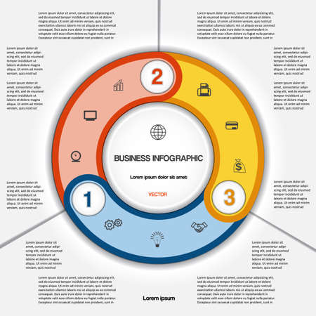 Infographic for success business project, multi-coloured ring numbered, template with text area on three positionsのイラスト素材