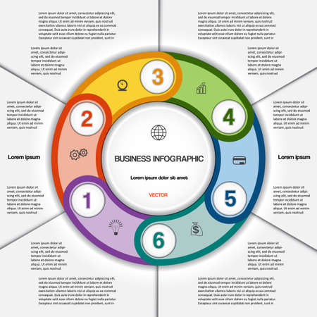 Infographic for success business project, multi-coloured ring numbered, template with text area on six positionsのイラスト素材