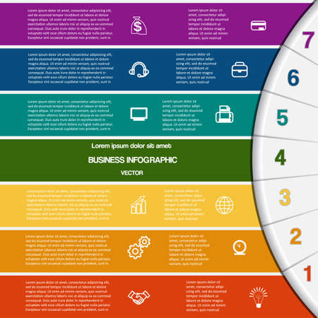 Vector illustration infographic for success business project and other Your variant template with text areas on seven positions,7 colour strips and semicircleのイラスト素材