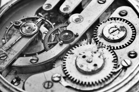Black and White Metal Cogwheels Inside Oldest Clockwork. Conceptual photo for your successful business design. Macroの写真素材