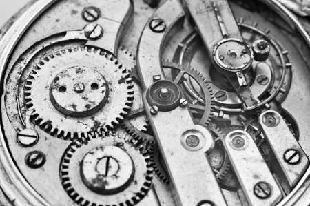 Black and White Metal Cogwheels Inside Oldest Clockwork. Conceptual photo for your successful business design. Macroの写真素材