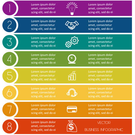 Infographic template from Colourful strips with text areas on eight positionsのイラスト素材