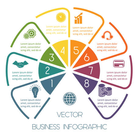 Infographic Semicircle template colourful lines with text areas on eight positionsのイラスト素材