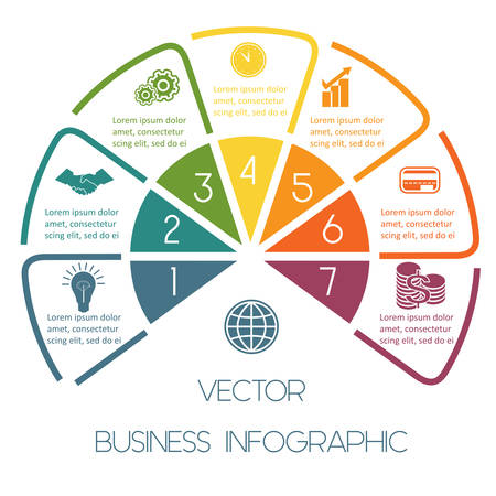 Infographic Semicircle template colourful lines with text areas on seven positionsのイラスト素材