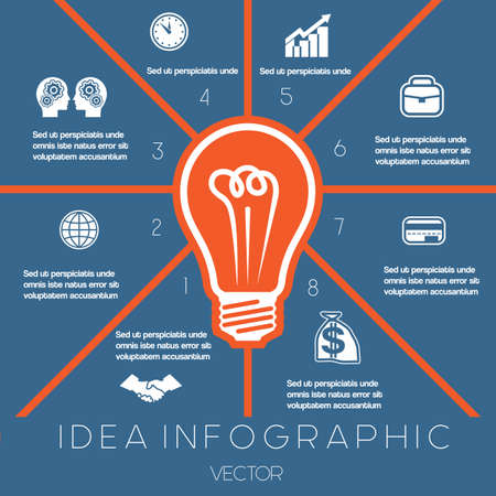 Idea Business Concept. Light bulb infographics template on eight positions possible to use for workflow, banner, diagram,  web design, timeline, area chartのイラスト素材