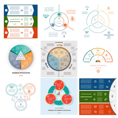 Set 9 templates Infographics for business conceptual cyclic processes on three positions possible to use for workflow, banner, diagram, web design, timeline, area chartのイラスト素材