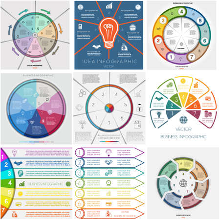 Set 9 templates, Infographics business conceptual cyclic processes, seven positions for text area, possible to use for workflow, banner, diagram, web design, timeline, area chartのイラスト素材