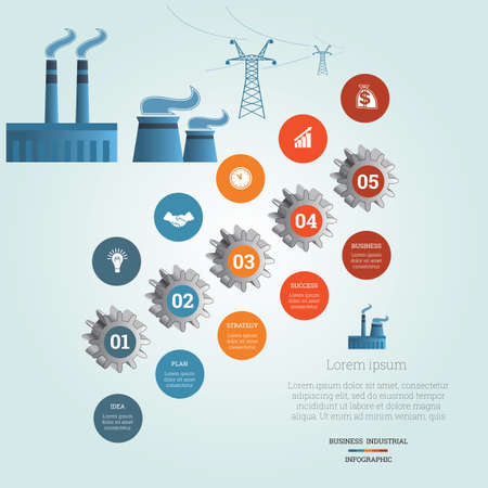 Gear wheels numbered, icons business, Pipe factory smoke, electric transmission lines, industrial infographic template with text areas on five positionsのイラスト素材
