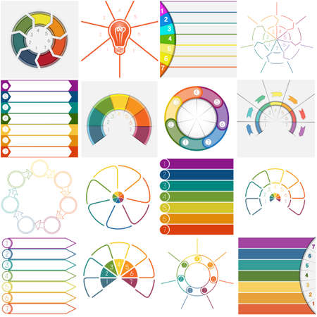 16 vector templates, Infographics cyclic processes, text area for seven position possible to use for work flow, banner, diagram, web designのイラスト素材