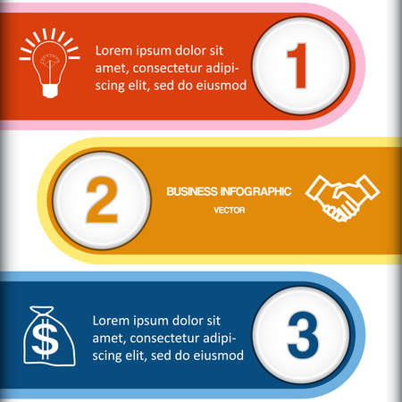 Vector illustration infographic, numbered multi-coloured strips, template three positions for text area, possible to use for workflow, banner, diagram, web design, timeline, business projectのイラスト素材