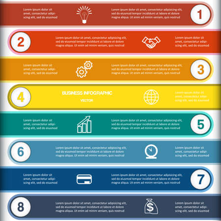 Vector illustration infographic, numbered multi-coloured strips, template eight positions for text area, possible to use for workflow, banner, diagram, web design, timeline, business projectのイラスト素材