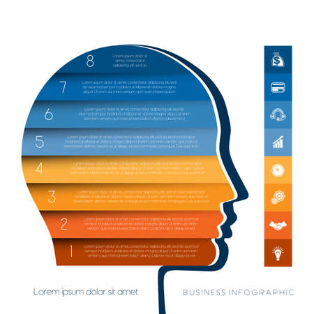 Template for infographic, head the person from colour strips, startup business concept, template for eight positions, steps, options or partsのイラスト素材