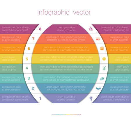 Colorful Strips and White Semicircles for Text.Template Infographic Eight Position. Business Area Chart Diagram Data.のイラスト素材