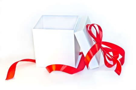 Open Gift Box with Red Ribbon and Red Bow Isolated on White Background. White Box.の写真素材