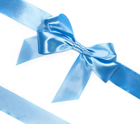 Blue gift bow with diagonals ribbon isolated on the white backgroundの写真素材