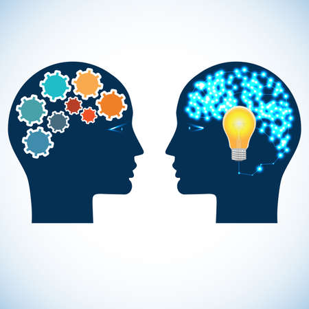 Heads of two people with gears, bulb and abstract brain for concept of idea and teamworkのイラスト素材