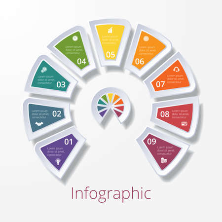 Template infographic, semicircle diagram with nine multicolored elements around center. Business strategy.のイラスト素材