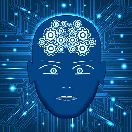 Head, gears in form of brain,circuit board background with glowing lines with dots, concept of thinking, visualization of human thinking.のイラスト素材
