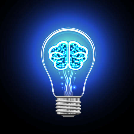 Brain with shining points in an electric bulb, concept of thinking and idea.のイラスト素材