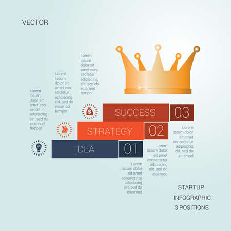 Vector template startup success for three positions, Conceptual infographics steps up stairs and crown,  possible to use for workflow, banner, diagram, web design, timeline, area chart, number options, step up optionsのイラスト素材