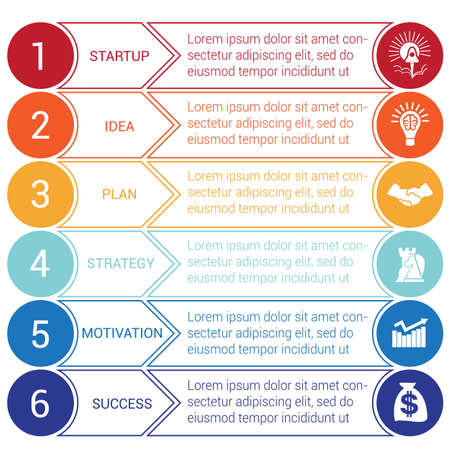 Startup bussines minimal infographic templates from circles and horizontal colorful arrows 6 positionsのイラスト素材