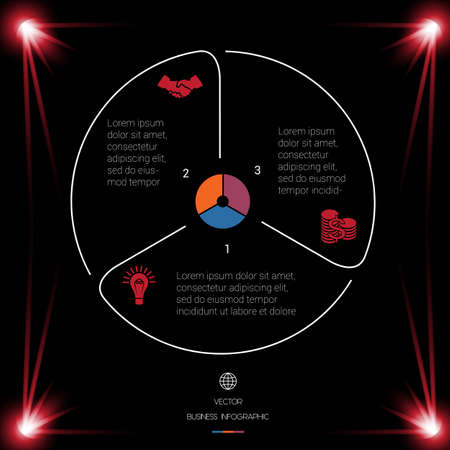 Business chart for presentations. Circle Lines Infographic 3 Positions dark background with red lightのイラスト素材