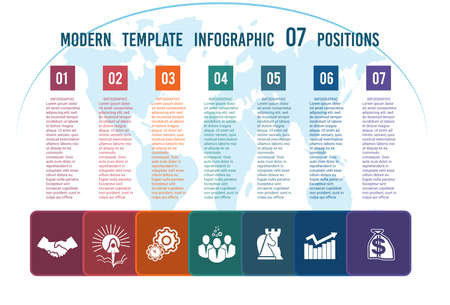 Charts business infographic template step by step Colour squares with columns for the text on a world map 07 positionsのイラスト素材