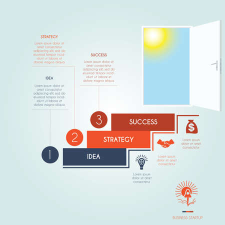 Conceptual infographics steps up stairway to the open door. Business success startup. Template 3 positions, possible to use for workflow, banner, diagram, web design, timeline, area chart, number options, step up optionsのイラスト素材