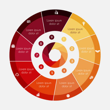 Infographic Business Pie chart for presentations with 9 options, cycle processes.のイラスト素材
