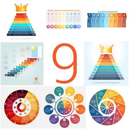 Set universal templates elements Infographics conceptual cyclic processes for 9 positions possible to use for workflow, banner, diagram, web design, timeline, area chart,number optionsのイラスト素材