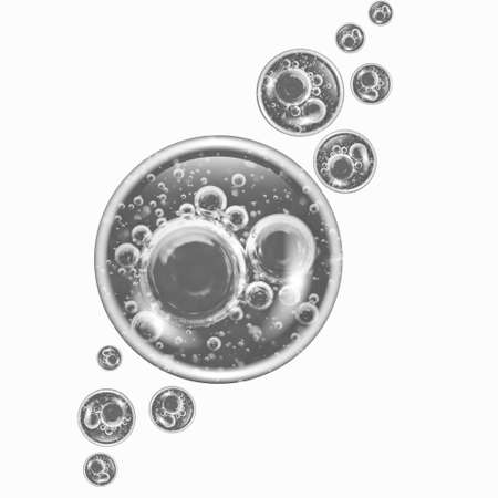 Black and white bubbles air inside a large water bubble isolated on white background. Concept such as ecology, environment, clean sea, potable water. Macro.の写真素材