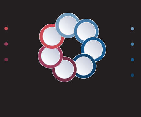 Template infographic circles diagram 7 positions on black background. Coloured Rings are located on...