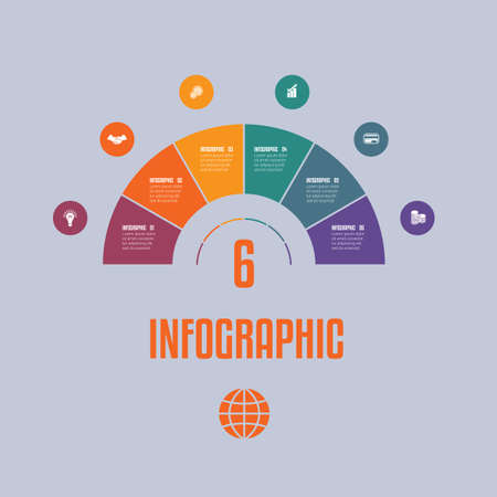 Infographic Template from colourful Parts Semicircle with text areas on six positions.のイラスト素材