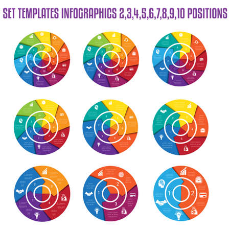 Set 9 templates, Infographics for business conceptual cyclic processes, colorful arrows ring on 2, 3, 4, 5, 6, 7, 8, 9, 10 positions possible to use for work flow, banner, diagram, web design, time line, text areaのイラスト素材