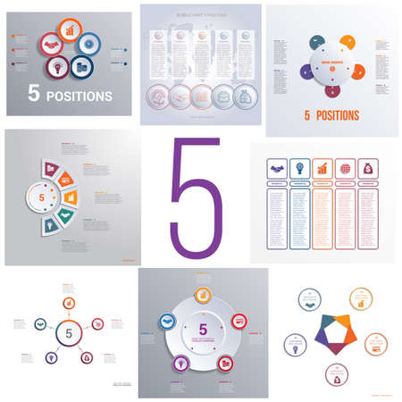 Set 8 universal templates elements Infographics conceptual cyclic processes for five positions possible to use for workflow, banner, diagram, web design, timeline, area chart,number optionsのイラスト素材