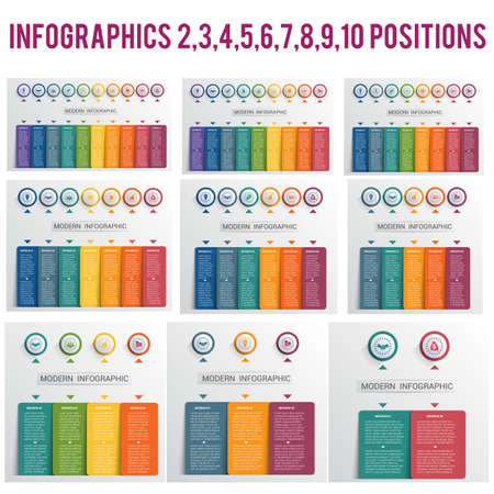 Infographics templates, Colored buttons and columns with space for text numbered for 2, 3, 4, 5, 6, 7, 8, 9, 10 options, modern website template.のイラスト素材