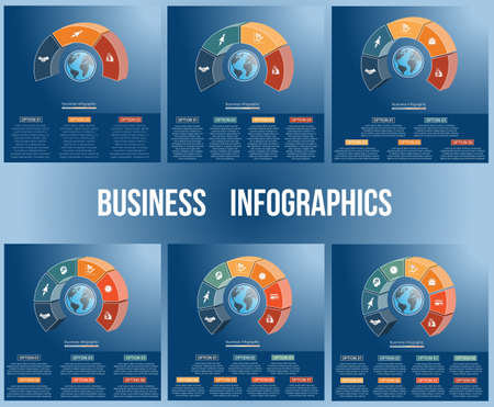Templates infographics. Business concept .Colourful parts semicircle. Globe. Numbered for three, four, five, six, seven, eight positions, options, parts, or processes.のイラスト素材