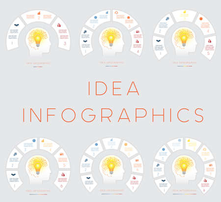 Head, lightbulb, brain, Conceptual idea infographics vector template for 3, 4, 5, 6, 7, 8 positions for text area, possible to use for workflow, banner, diagram, web design, timeline, area chart,number optionsのイラスト素材