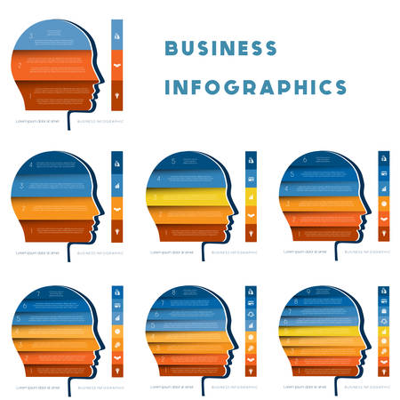 Template for infographic, head of person from colour strips. Set infographics startup business, templates for 3, 4, 5, 6, 7, 8, 9 positions, steps, options or partsのイラスト素材