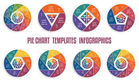 Set of Infographics Business Vector Pie Charts patterns for design 3 4 5 6 7 8 9 10 variants, steps, parts, workflows.のイラスト素材