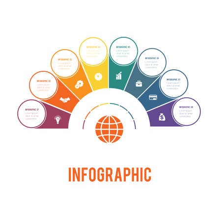 Colorful semicircle and circles. Elements of Infographics Conceptual Cyclic Processes for 8 Positions Possible to Use for Workflow, Banner, Diagram, Web design, Timeline, Area chart, Number optionsのイラスト素材