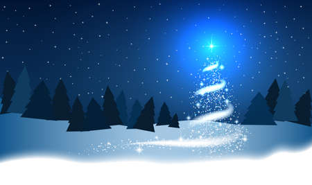 Christmas tree, blizzard, stars, snow,  sky, night, wood, blue background for New Year project. Winter background.のイラスト素材