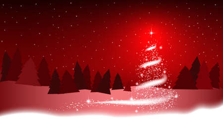 Christmas tree, blizzard, stars, snow,  sky, night, red background for New Year project. Winter background.のイラスト素材